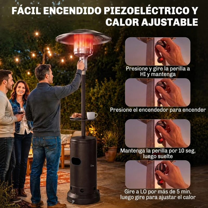 Outsunny Estufa de Gas Butano 13 kW con Mesa Ø40 cm Regulación Continua del Calor Antivuelco Encendido Piezoeléctrico y Ruedas