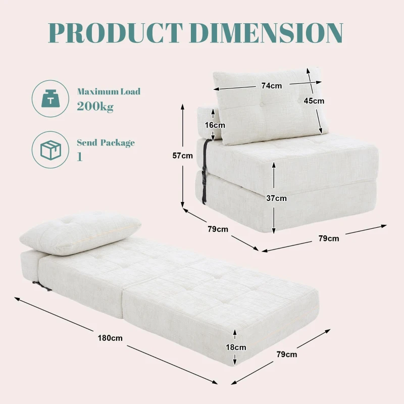 Cozy Convertible Floor Sofa Bed with Button-Tufted Detailing, Soft Chenille Folding Sleeper Couch for Living Room, 180L x 79W x 57H cm, Beige