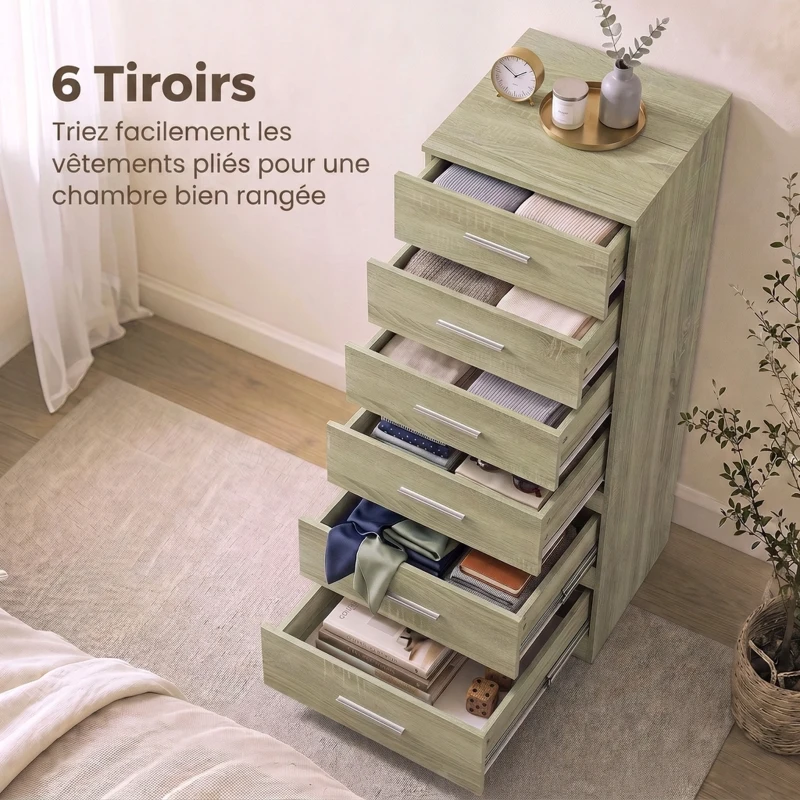 HOMCOM Commode 6 Tiroirs, Meuble de Rangement, Style Moderne, pour Chambre à Coucher, Entrée, Couloir, 40x40x110cm, Chêne