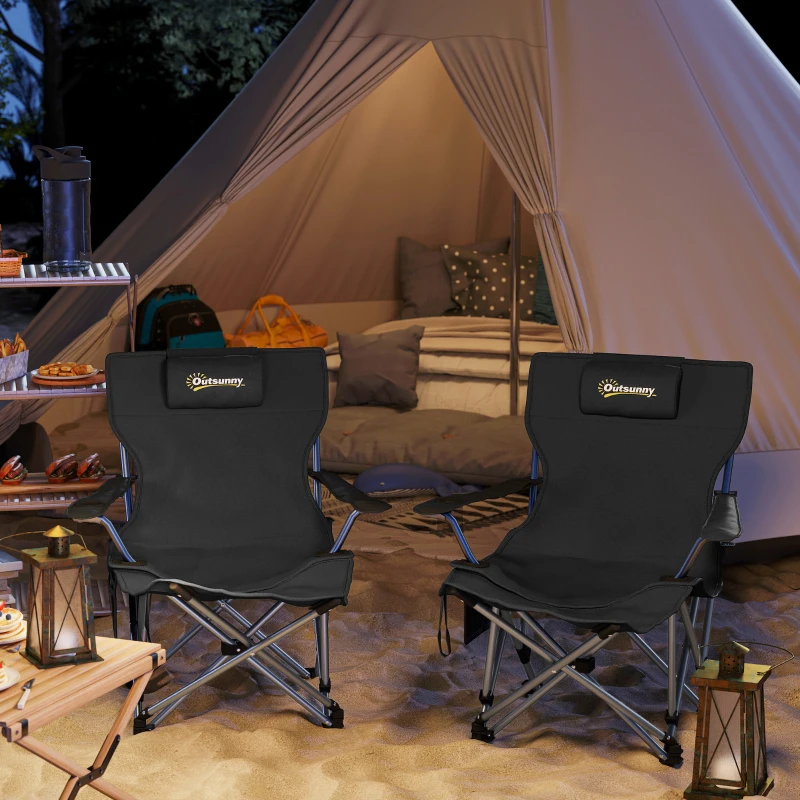 Outsunny 2er Set Campingstuhl faltbar Angelstuhl mit abnehmbar Fußstütze Kopfstütze Getränkehalter belastbar 120 kg Schwarz