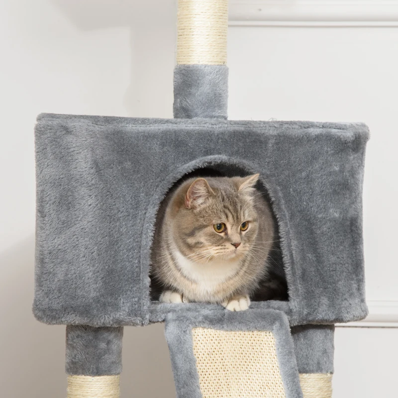 PawHut Corner Cat Tree for Indoor Cats, Kitten Tower with Scratching Post House Ladder Toy - Grey
