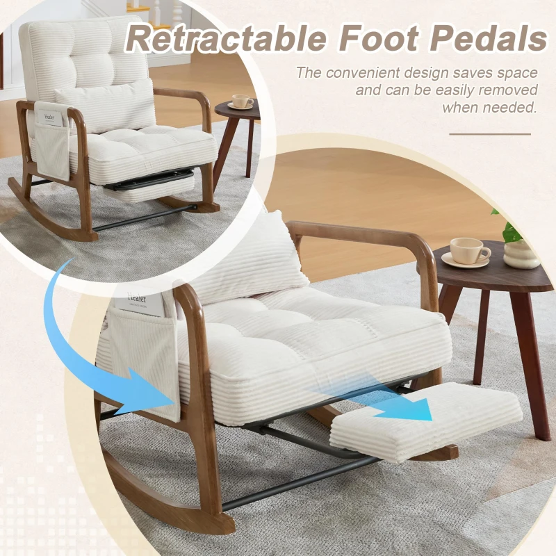 Cozy Rocking Chair with Adjustable Footrest and Side Pocket, Soft Corduroy Glider Armchair for Nursery, 92L x 80W x 70H cm, Beige