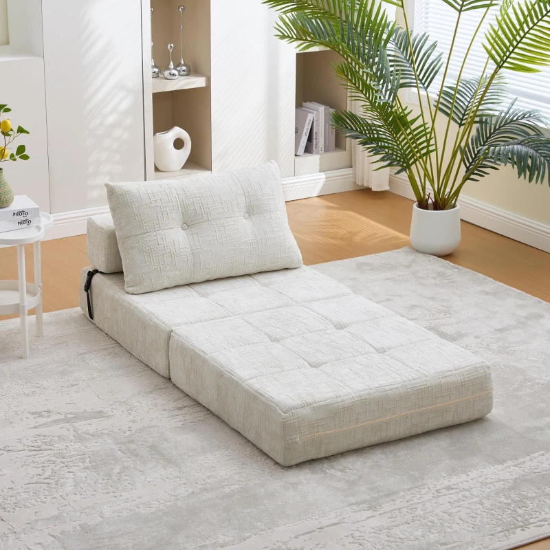 Cozy Convertible Floor Sofa Bed with Button-Tufted Detailing, Soft Chenille Folding Sleeper Couch for Living Room, 180L x 79W x 57H cm, Beige
