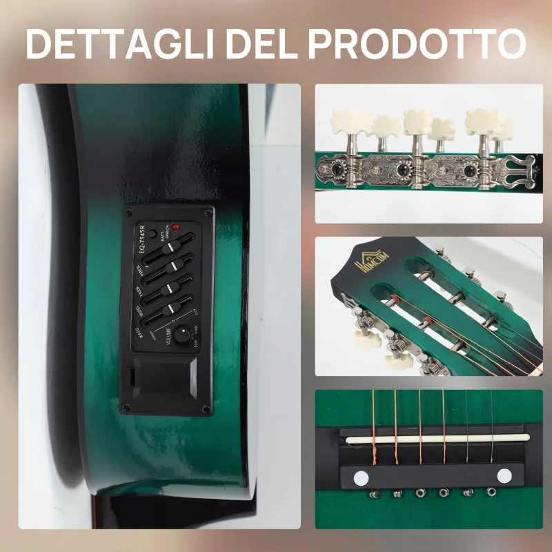 HOMCOM Chitarra Elettrica 38 Pollici, per Principianti Junior e Adulti con Finitura Lucida, Custodia, Tracolla, Plettri e Corde di Ricambio, Verde Scuro