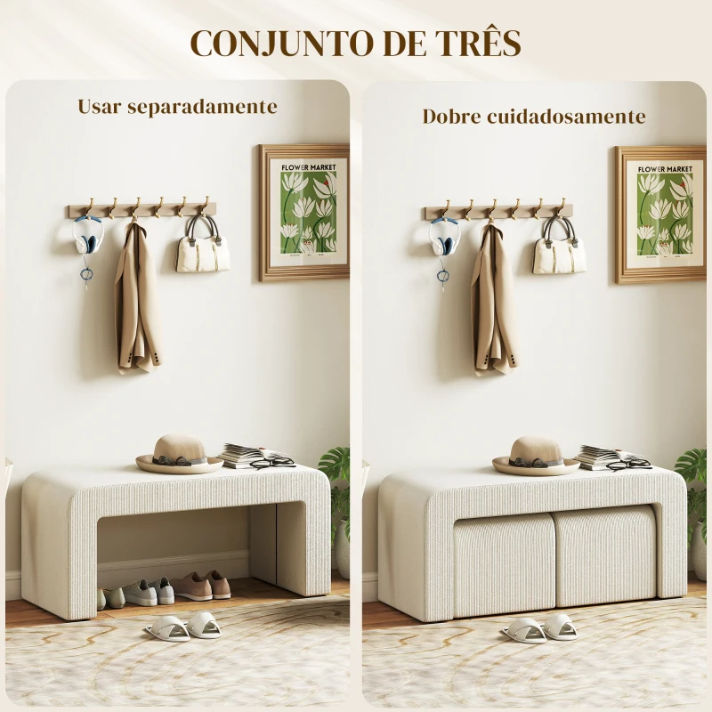 HOMCOM Conjunto de 3 Bancos Grande e 2 Pequenos Bancos Modernos em Veludo 104x44x48 cm Creme