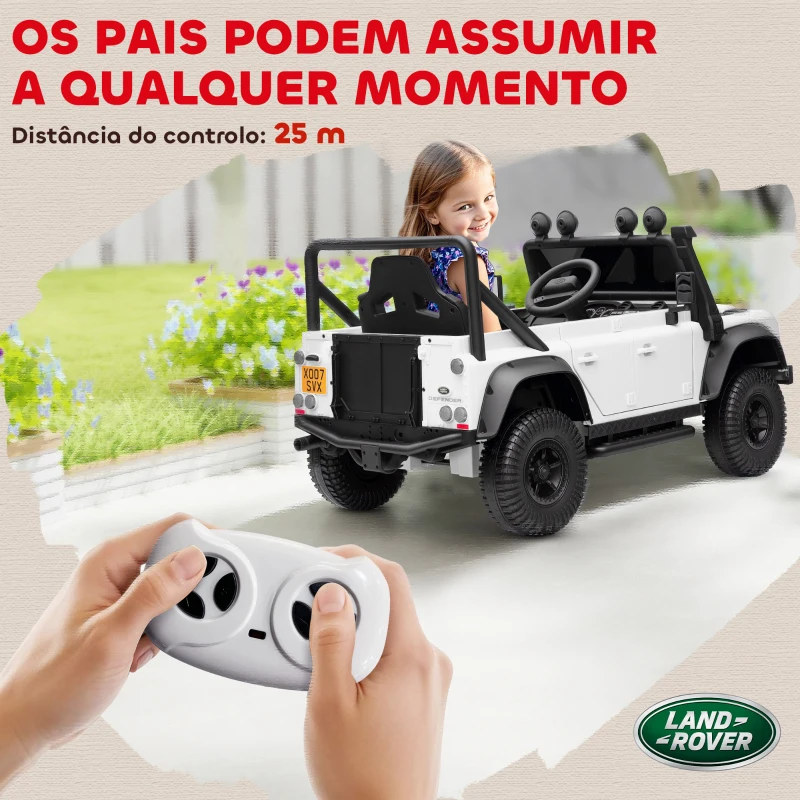 AIYAPLAY Carro Elétrico para Crianças com Licença Land Rover 12V Controlo Remoto Sistema de Suspensão USB MP3 Velocidade Ajustável Faróis 115x61x61 cm Branco