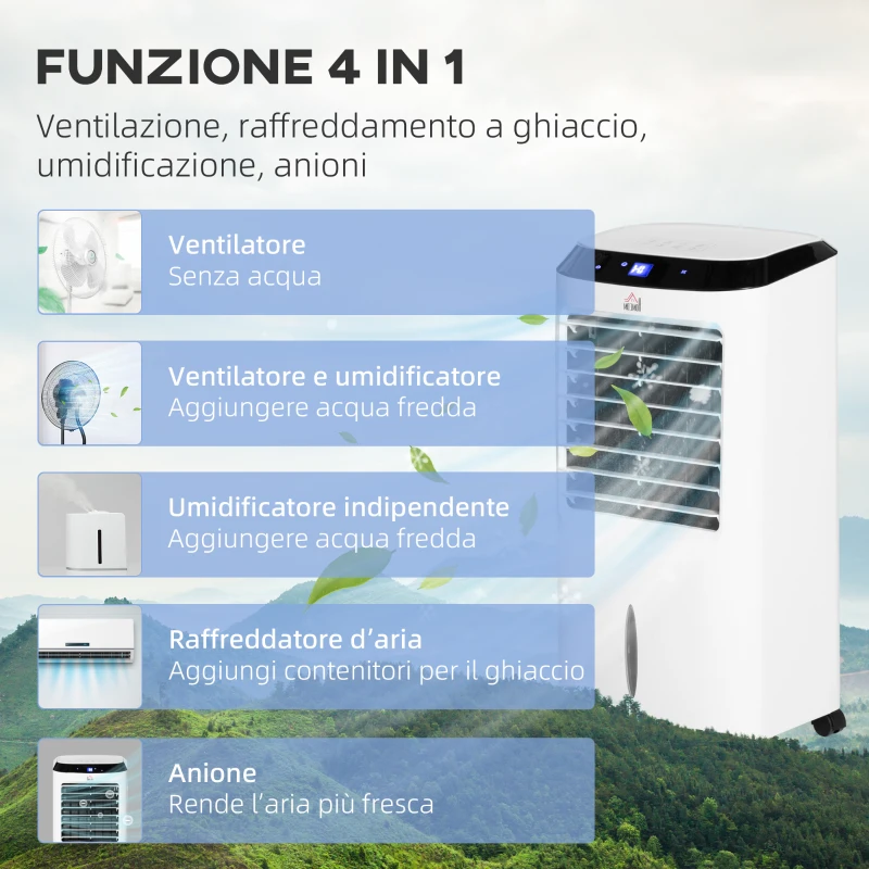 HOMCOM Raffrescatore 4 in 1 da 10L con Umidificatore, Timer 8h e Telecomando, 38.2x31.6x76 cm, in ABS, Bianco e Nero