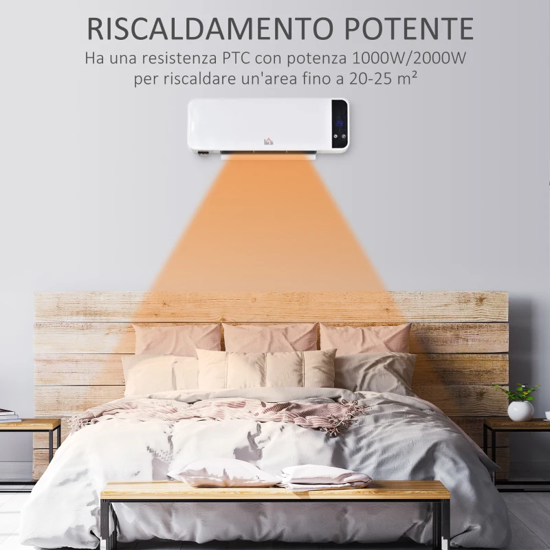 HOMCOM Stufa Elettrica da Parete con Telecomando, Temperatura Regolabile e Timer 12 Ore, Potenza 1000W/2000W, 56x11.5x18.5cm, Bianco