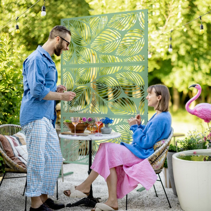 Outsunny Biombo de Exterior Separador de Ambientes com 3 Peças com Padrão de Flores Grande e Estrutura de Aço 122x45x198 cm Verde