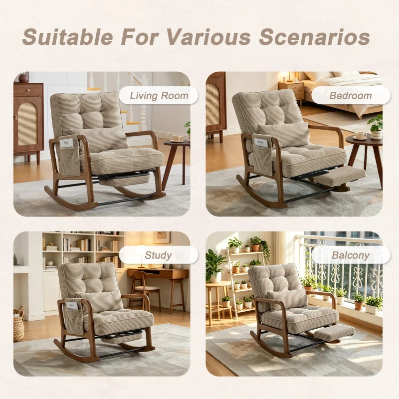 Cozy Rocking Chair with Adjustable Footrest and Side Pocket, Soft Corduroy Glider Armchair for Nursery, 92L x 80W x 70H cm, Khaki