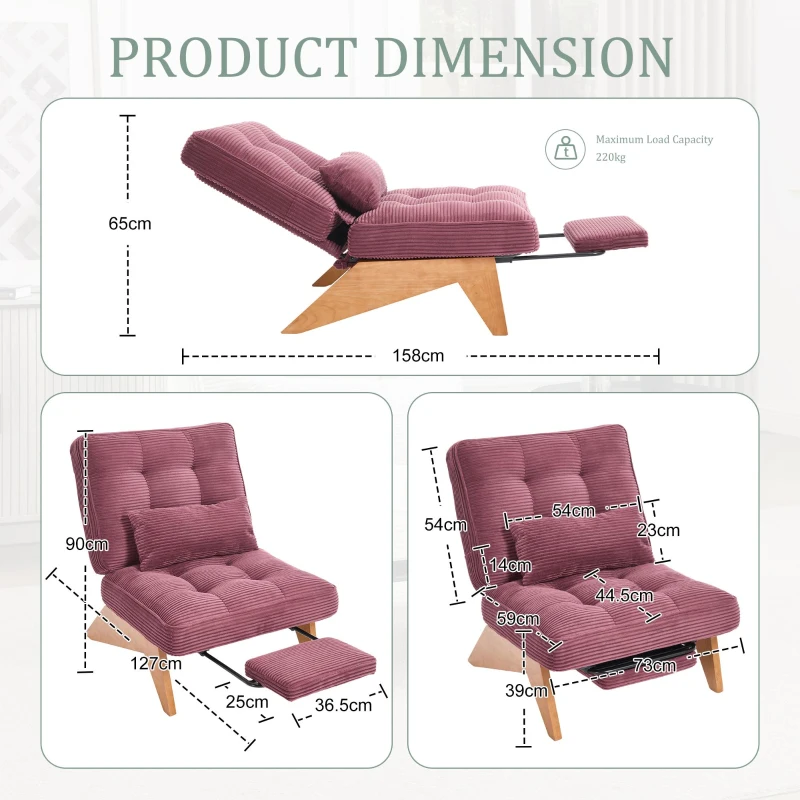 Cozy Reclining Accent Chair with Foldable Ottoman and Lumbar Pillow, Soft Adjustable Lounger for Living Room, 127L x 73W x 90H cm, Wine Red