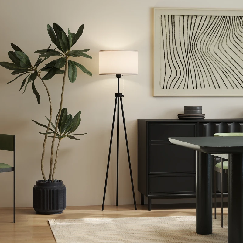 HOMCOM Candeeiro de Pé Moderno Candeeiro de Pé para Sala de Estar com Ecrã Redondo Tripé e Suporte para Lâmpada E27  Ø37x152 cm Branco e Preto