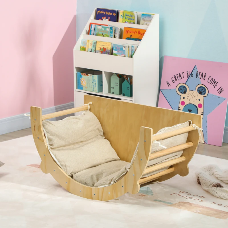 AIYAPLAY 3 en 1 Arche d'escalade fauteuil à bascule et table de jeu coussin, en bois naturel, pour enfants de 18 à 48 mois