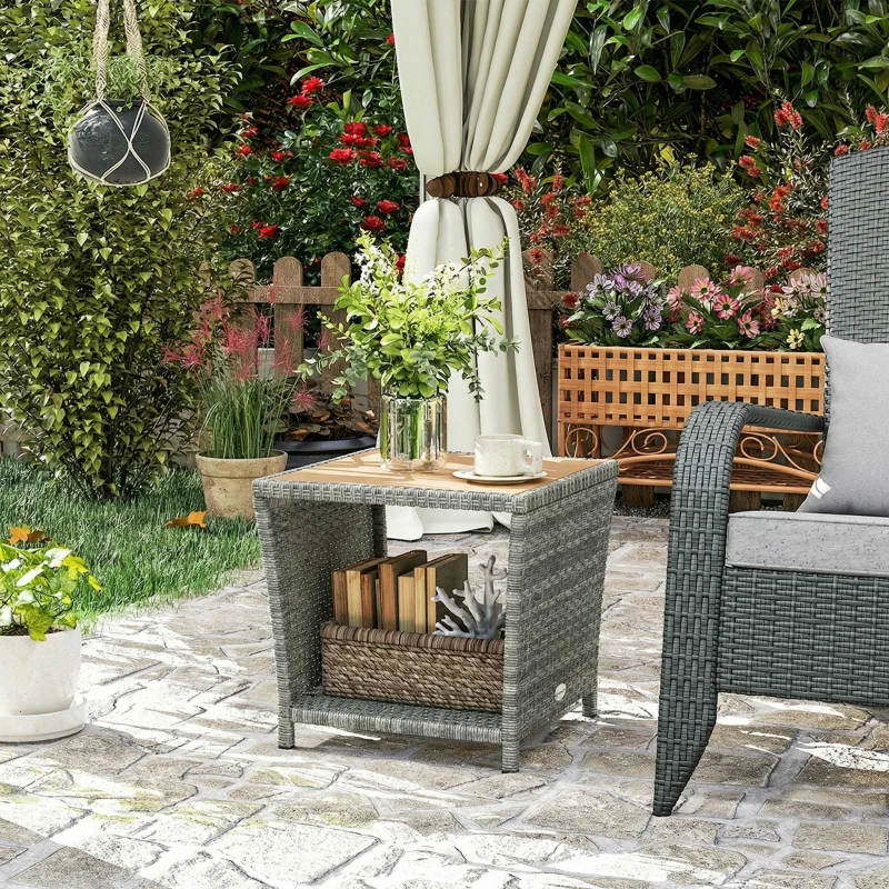 Outsunny Side Table 2-Tier Outdoor Coffee Table with Storage Shelf PS Wood Slat Top/Light Grey