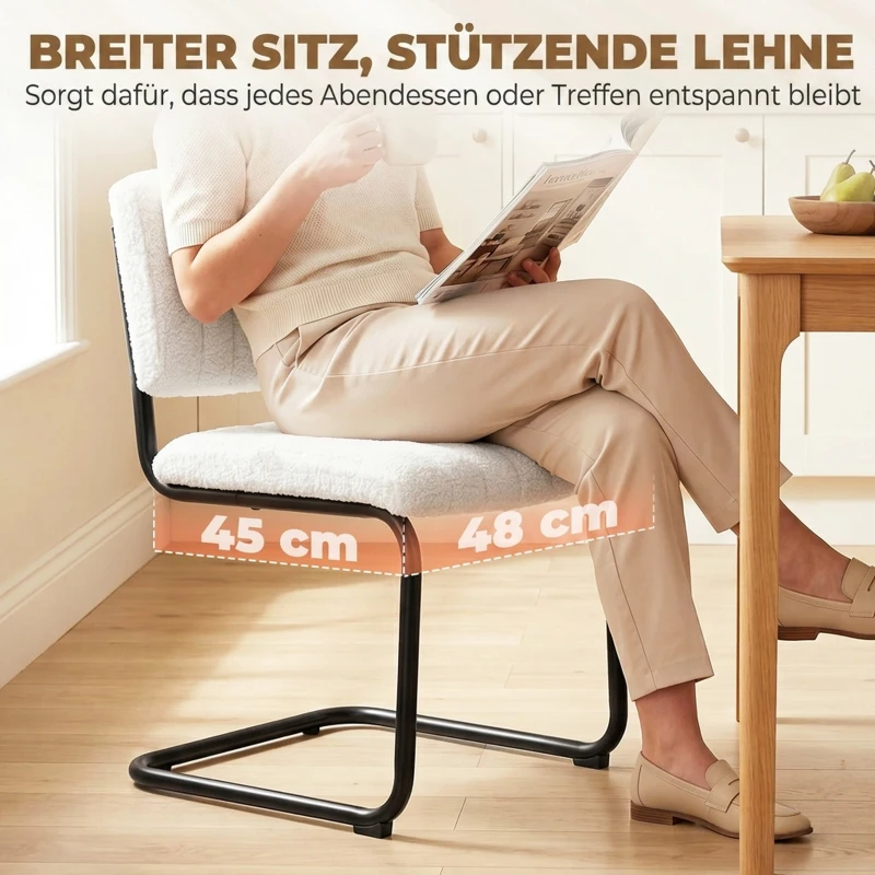 HOMCOM Esszimmerstühle 2er Set modern Freischwinger Stuhl mit hoher Rückenlehne, Teddyfleece-Optik für Küche, Esstisch Creme
