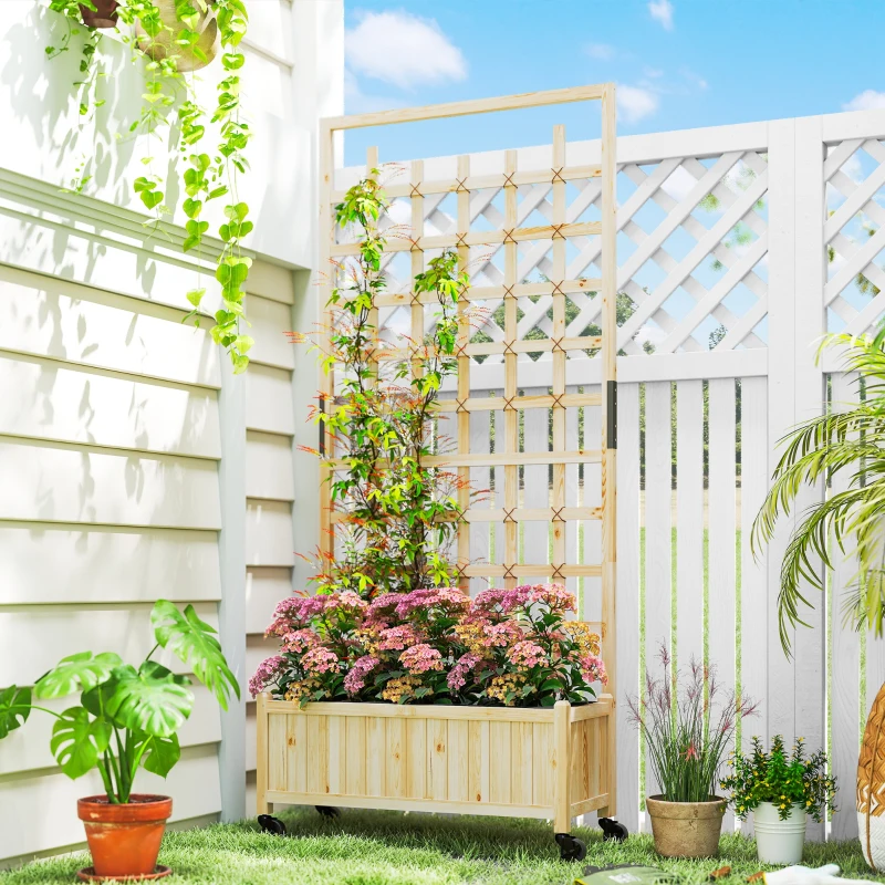 Outsunny Jardinière avec treillis, bac à fleurs avec roues, pour plantes grimpantes, bois massif, 82,5x35x186cm, bois naturel