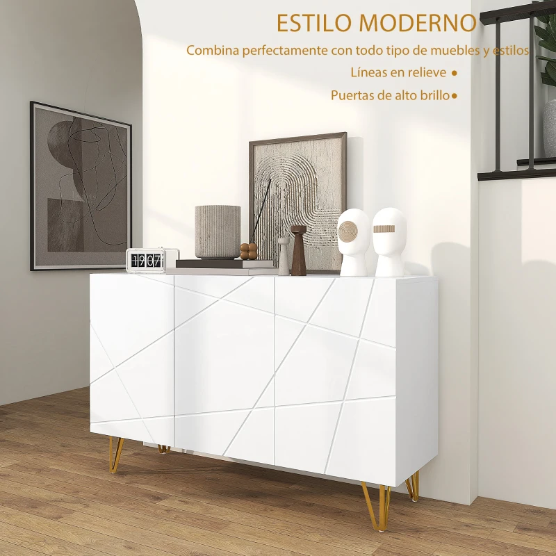 HOMCOM Aparador de Entrada con 3 Puertas y Estantes Ajustables para Cocina Sala 120x40x75 cm Blanco Brillante