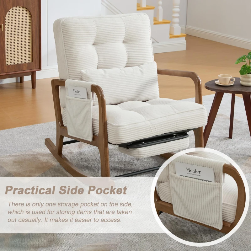Cozy Rocking Chair with Adjustable Footrest and Side Pocket, Soft Corduroy Glider Armchair for Nursery, 92L x 80W x 70H cm, Beige