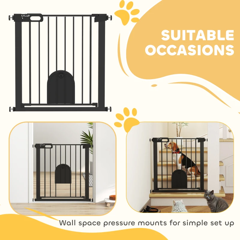 PawHut Dog Gate with Cat Flap Pet Safety Gate Barrier, Stair Pressure Fit, Auto Close, Double Locking, 75-82 cm Black