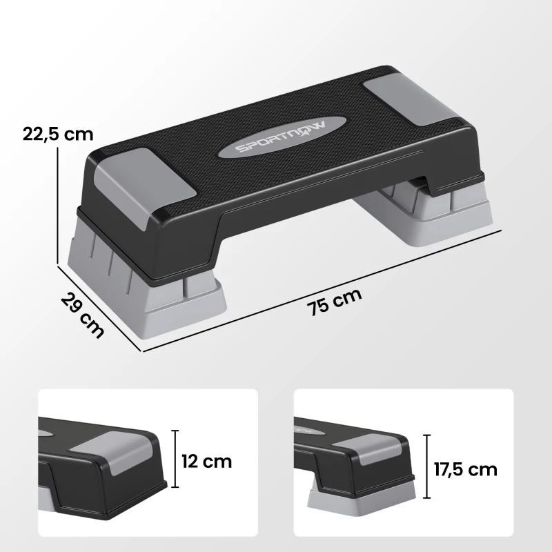 SPORTNOW Stepper Fitness Aérobic 3 Niveaux, Hauteur Réglable 12/17,5/22,5 cm, Surface Antidérapante, Charge 250 kg, Gris