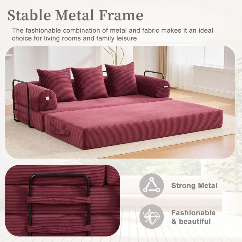 Cozy Compressible Folding Sofa with Detachable Metal Frame, Soft Modular Sectional Couch for Small Apartment, 110L x 33W x 33H cm, Wine Red