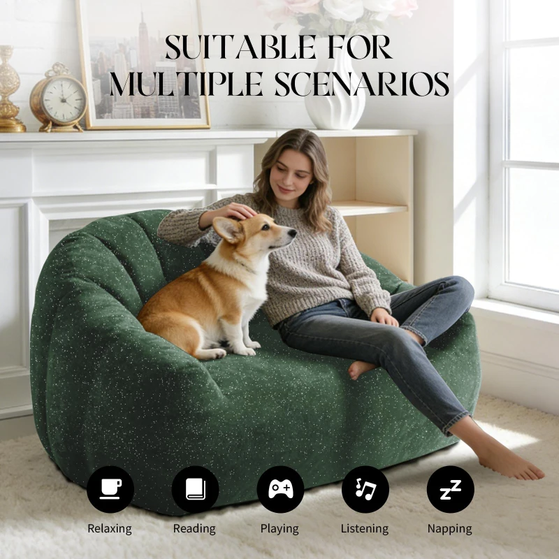 Plush 2-Seater Bean Bag Sofa with High Density Sponge, Cosy Lazy Couch for Gaming Room and Pet-Playing Room, 140L x 98W x 61H cm, Green