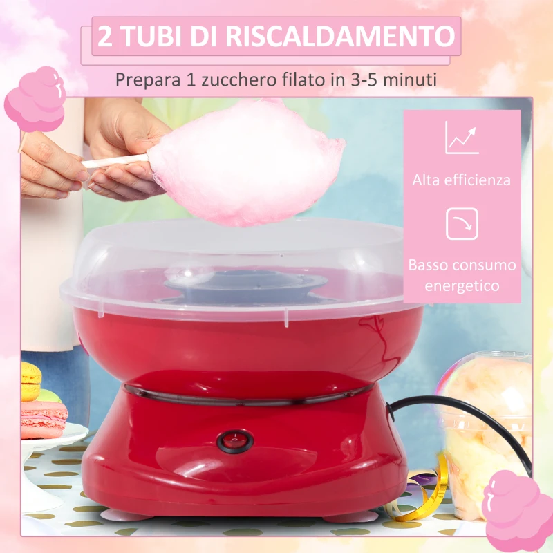 HOMCOM Macchina per Zucchero Filato in PP, Acciaio Inox e Alluminio 450W 27 x 26 x 18cm Rosso