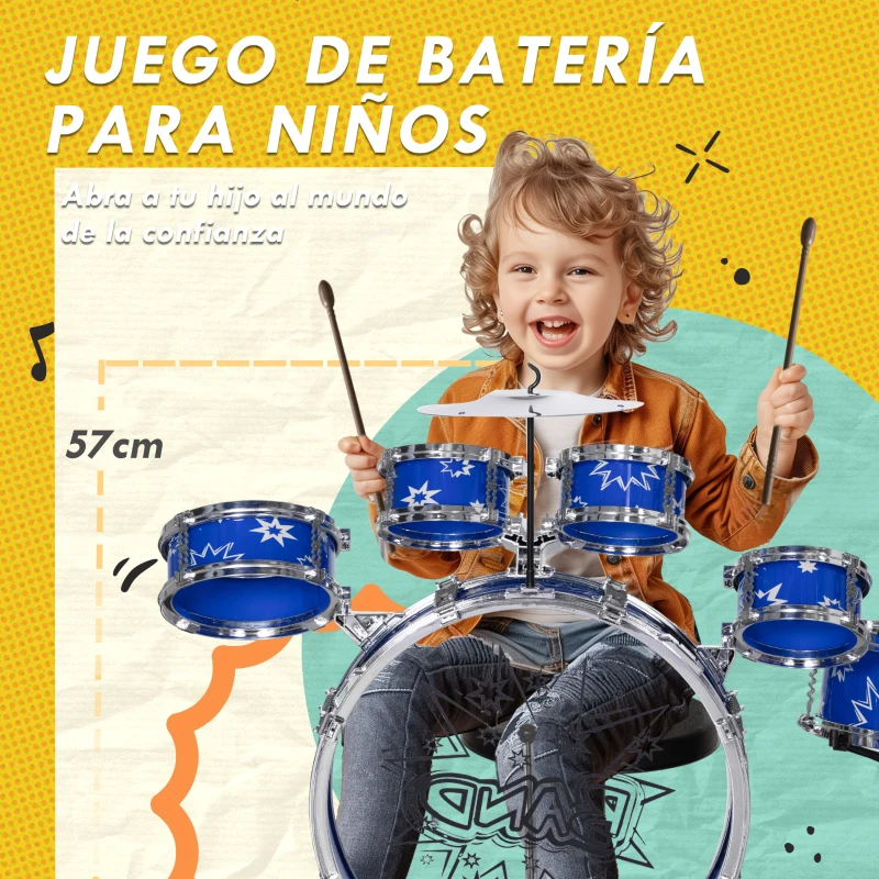 AIYAPLAY Batería para Niños de +3 Años con Tambores Bombo Platillo Pedal y Baquetas Diseño con Tema de Estrellas 65x22x57 cm Azul
