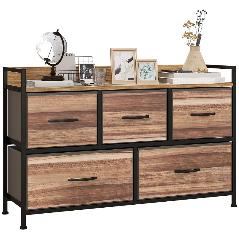 HOMCOM Commode Meuble de Rangement 5 tiroirs en Tissu 98 x 29 x 63 cm structure en acier noir