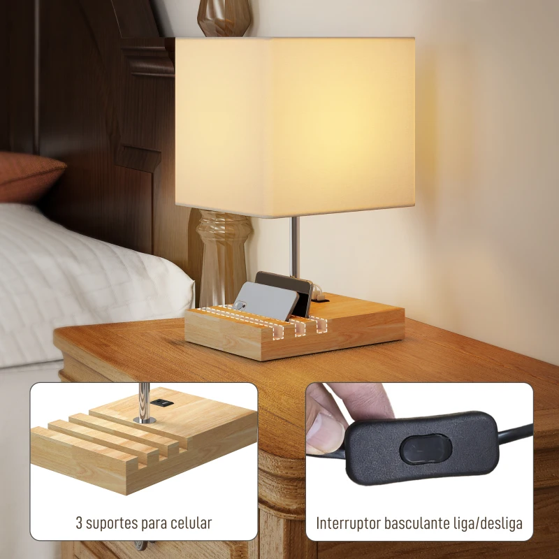 HOMCOM Candeeiro de Mesa com Portas USB-A/C Três Ranhuras para Telemóveis Base de Madeira e Ecrã de Tecido E27 40W 25x20x40,5 cm Branco