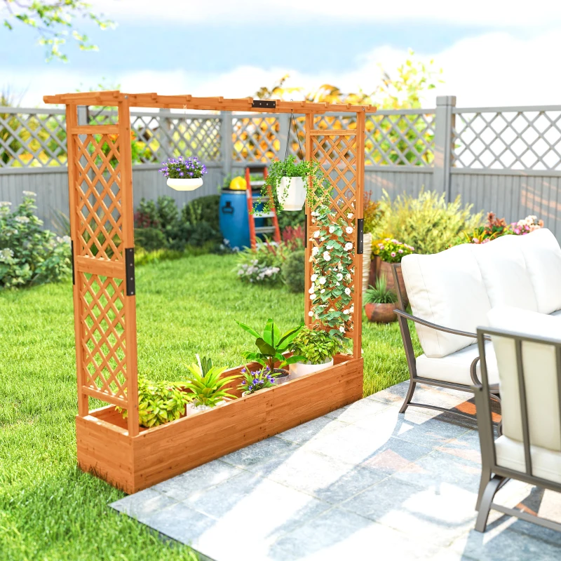 Outsunny Hochbeet mit Rankengitter und Dach, für Blumen, Obst, Gemüse, Kräuter, 196 x 44 x 181 cm, Holz, Orange
