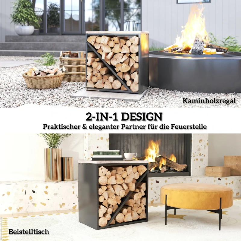 Outsunny 2-in-1 Kaminholzregal für innen 58 x 36 x 60cm erhöhtes Brennholzregal mit Trenner Metall Schwarz