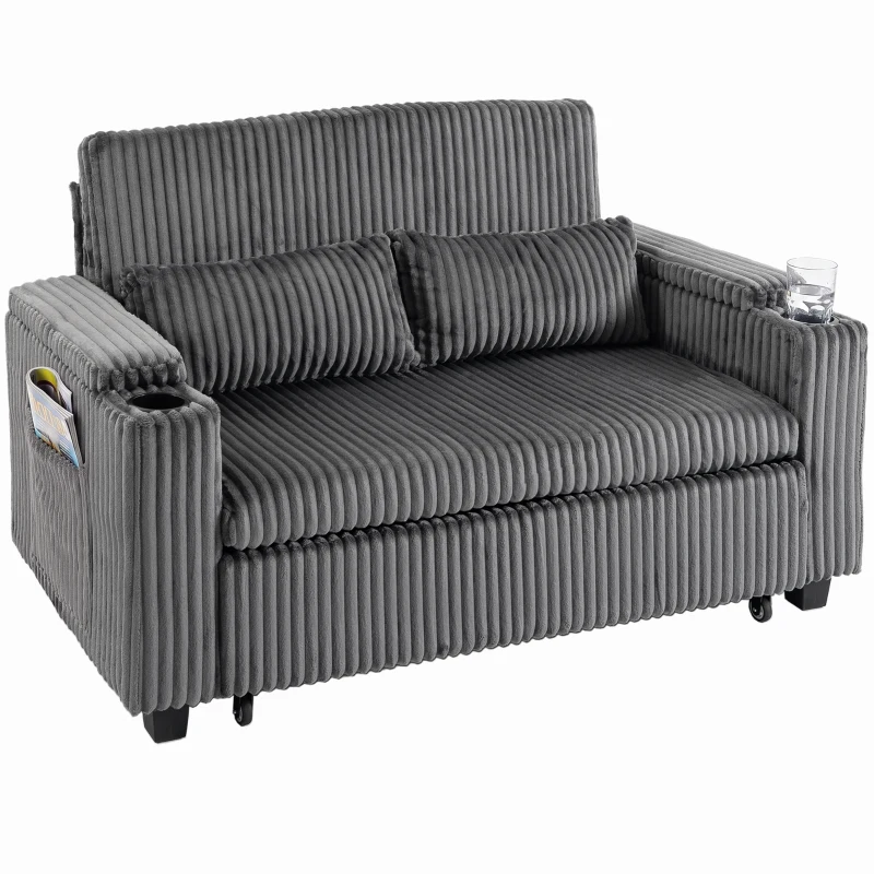 HOMCOM 2 Seater Sofa Bed, Pull Out Sleeper Sofa w/ Adjustable Backrest, Storage Armrests, Cup Holders, Side Pockets, Dark Grey