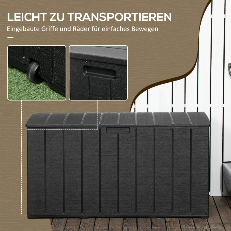 Outsunny Gartenbox 366 Liter aus Kunststoff doppelwandiger Wasserdicht Kissenbox mit Rollen Griffmulden Holzoptik