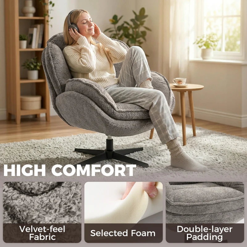 HOMCOM Modern Wingback Accent Chair, Velvet Armchair with Four-Star Base, S-Springs, Swivel, Grey