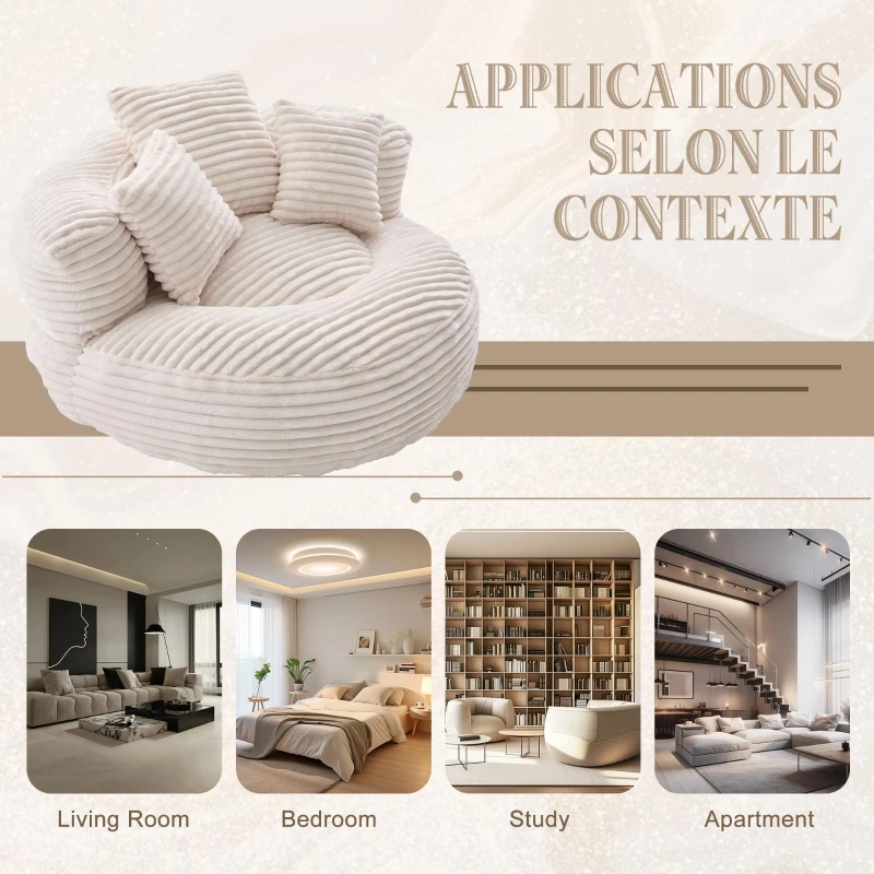 Plush Oversized Bean Bag Chair with High Back & 3 Pillows, Cozy Corduroy Floor Lounger Sofa for Living Room, 108L x 108W x 52H cm, Beige