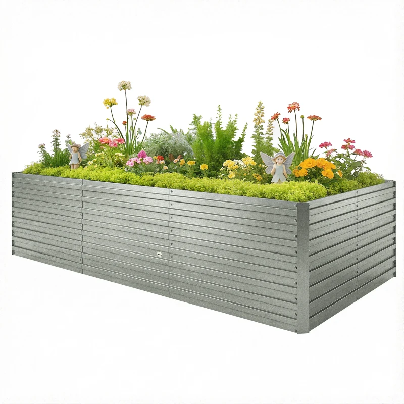 Outsunny Jardinière extérieure, jardinière surélevée galvanisée bordure de sécurité et fond ouvert 240 x 120 x 60 cm gris argenté
