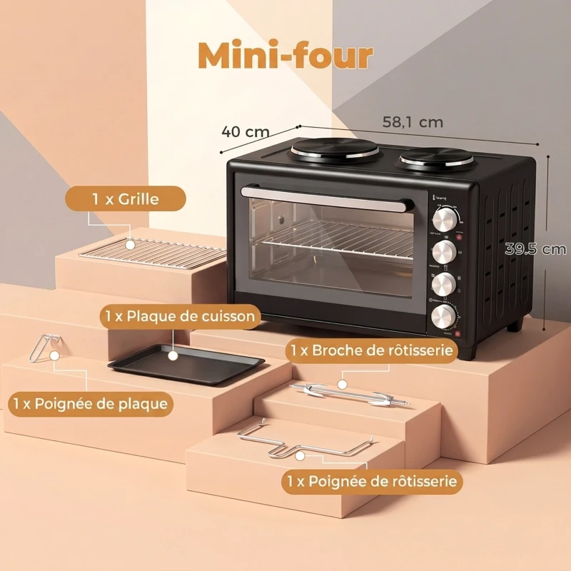 HOMCOM Mini-Four avec 2 Plaques de Cuisson et Broche Rotative 46L 2850 W, Four à Convection Multifonction, Minuterie, Noir
