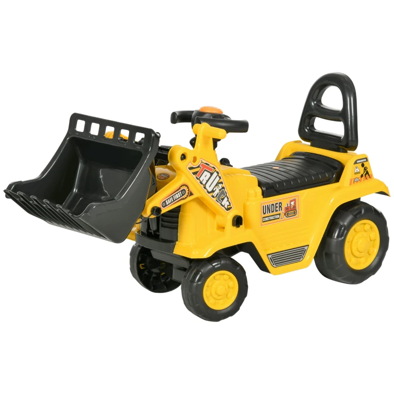 HOMCOM Porteur Enfant tractopelle - Coffre, klaxon, Volant, Levier de Vitesse, Pelle articulée - PP ABS Noir Jaune
