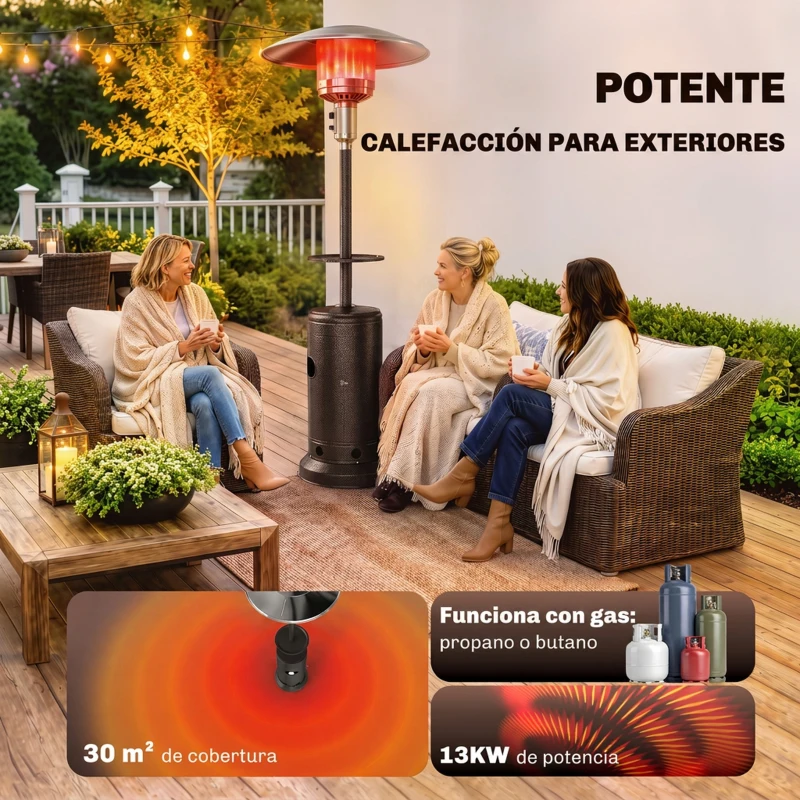 Outsunny Estufa de Gas Butano 13 kW con Mesa Ø40 cm Regulación Continua del Calor Antivuelco Encendido Piezoeléctrico y Ruedas