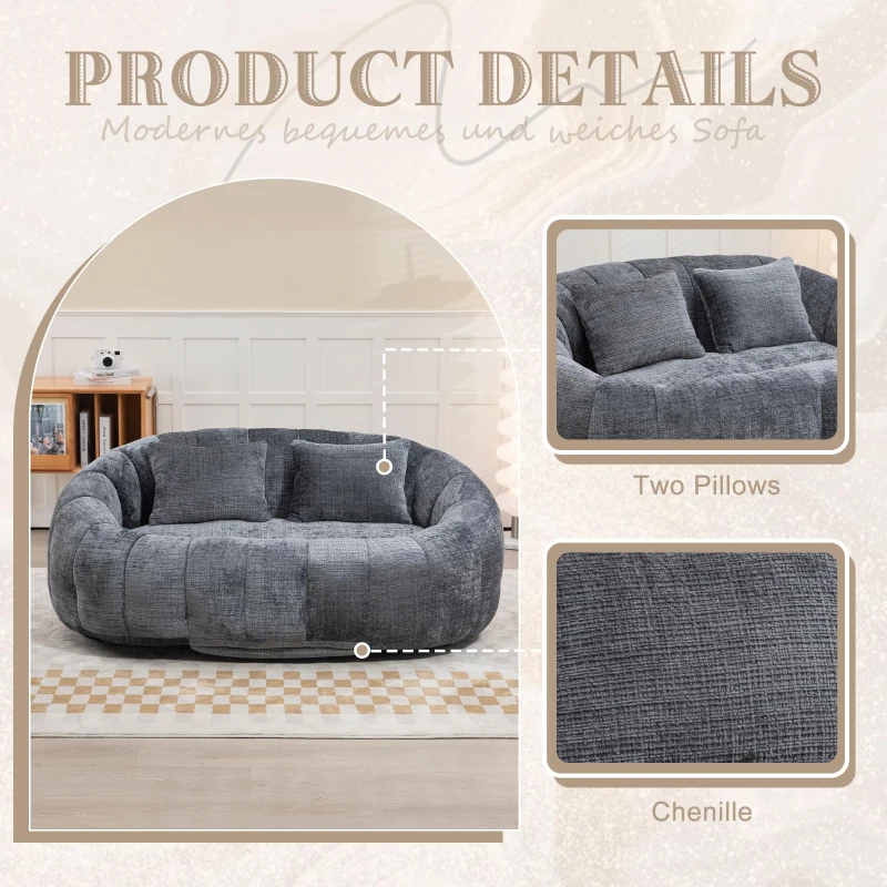 Cozy Oversized Bean Bag Sofa with 2 Matching Pillows, Soft 2-Seat Sectional Couch for Living Room and Bedroom, 145L x 95W x 63H cm, Grey