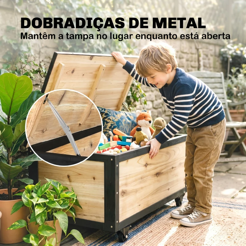 Outsunny Baú de Exterior 121 L Baú de Armazenamento em Madeira com 4 Rodas para Jardim Pátio Varanda 100x50x43 cm Natural e Preto