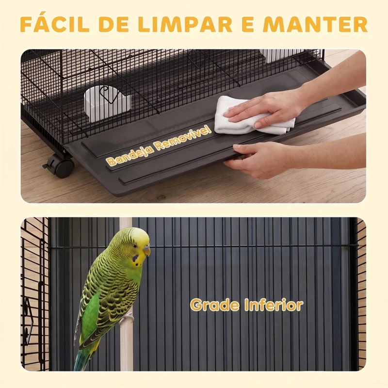 PawHut Gaiola Grande para Pássaros com Rodas, 6 Comedouros, Tabuleiro Amovível, Várias Portas, 3 Poleiros, 77x46,5x141 cm, Preta