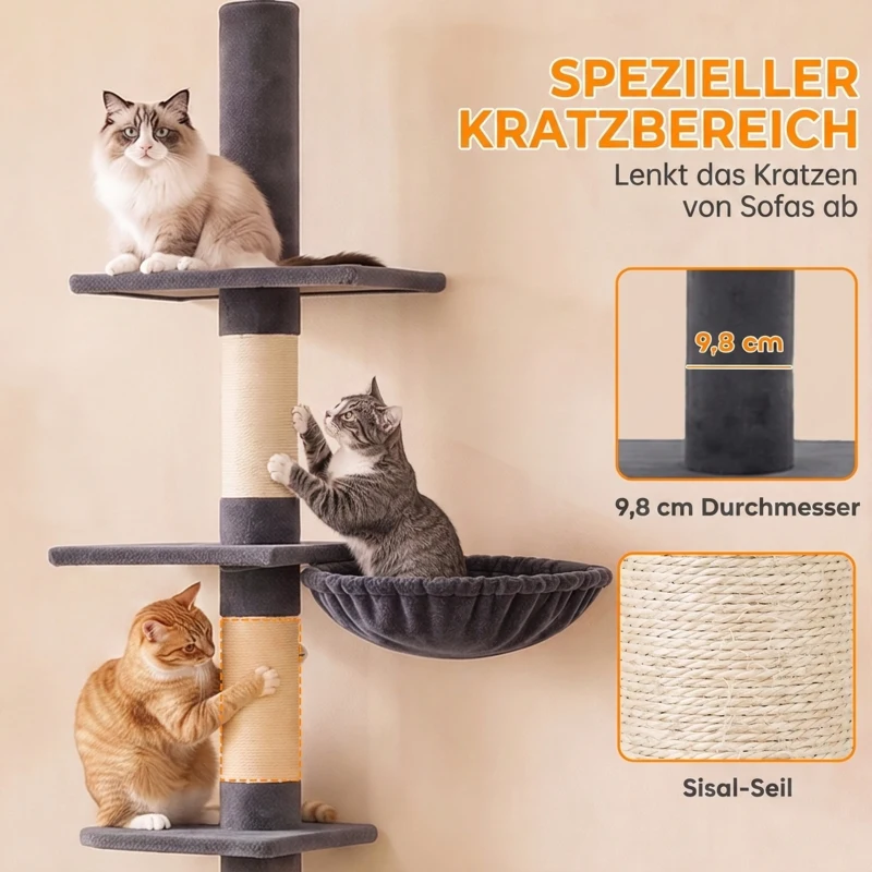 PawHut Drapak sufitowy 225–255 cm regulowany Drapak dla kota z 5 poziomami 3 słupkami z sizalu, hamak, platformy
