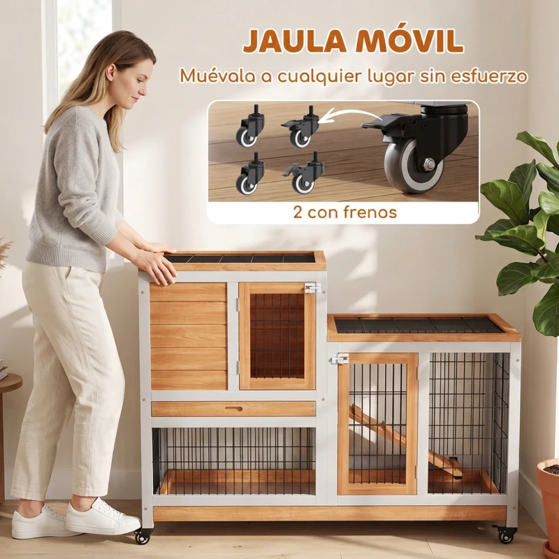 PawHut Conejera de Madera de 2 Niveles Jaula para Conejos con Ruedas Rampa y Bandejas Extraíbles 110x50x88cm Natural