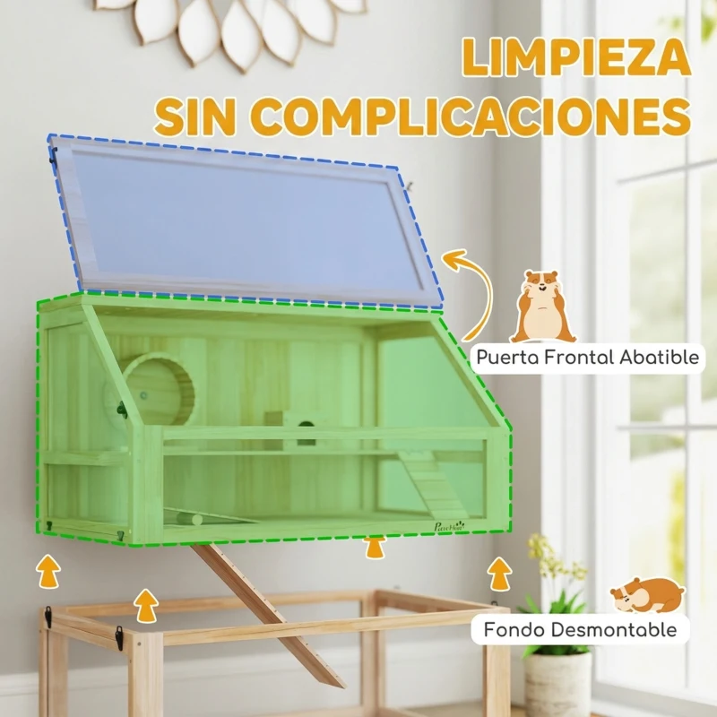PawHut Jaula para Hámster de Madera 3 Nivles con Base Desmontable Profundo Balancín Rueda de Ejercicio Rampas Casita Natural