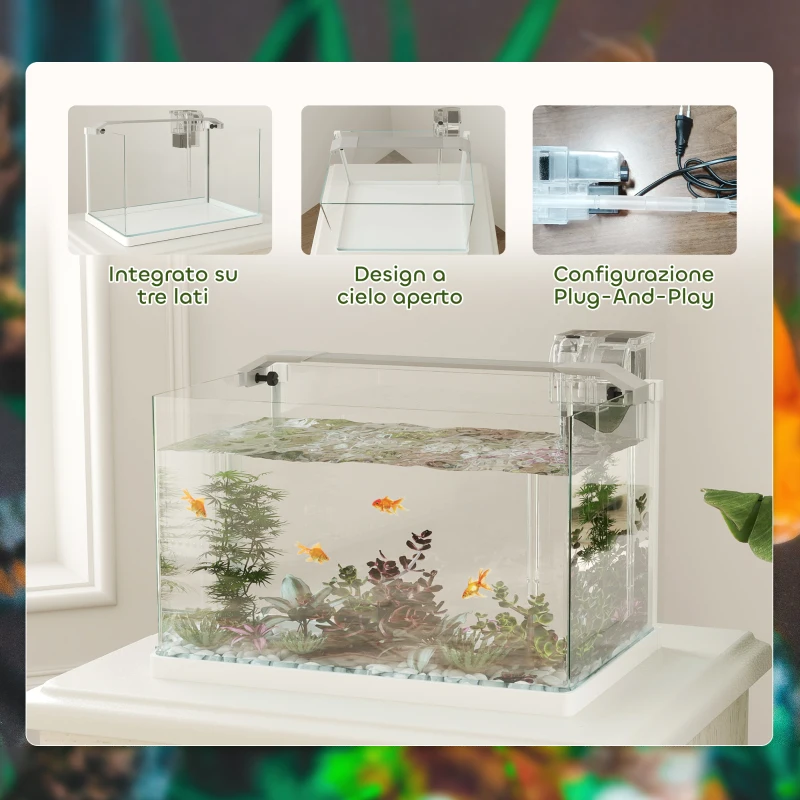 PawHut Acquario in Vetro con Luci LED da 20L, Filtro e Pompa d'Acqua, 38x26x27 cm, Bianco