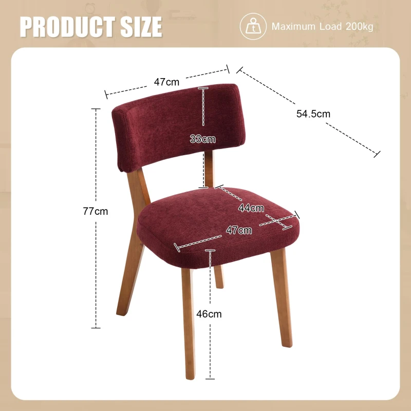 Stylish Mid-Century Dining Chairs with Ergonomic Backrest, Comfortable Upholstered Side Chairs for Dining Room, 47L x 54.5W x 77H cm, Wine Red