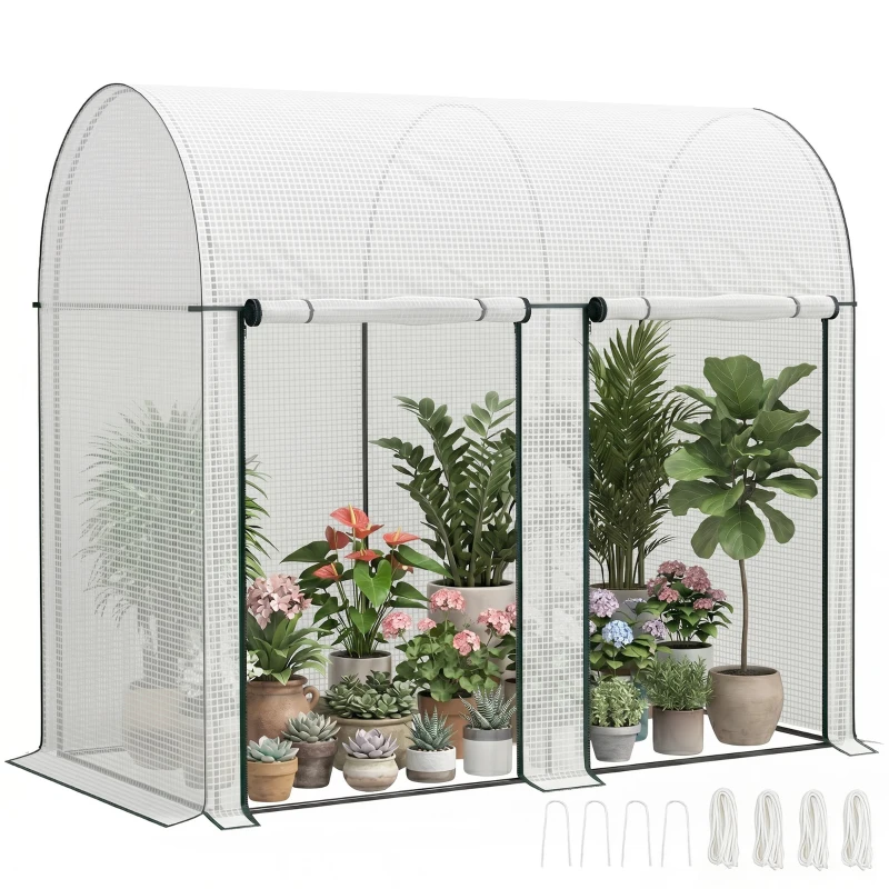 Outsunny Serre de jardin 2 m² dim. 2L x 1l x 1,78H m 2 Portes zippées enroulables Acier PE Haute densité 140 g/m² Anti-UV blanc