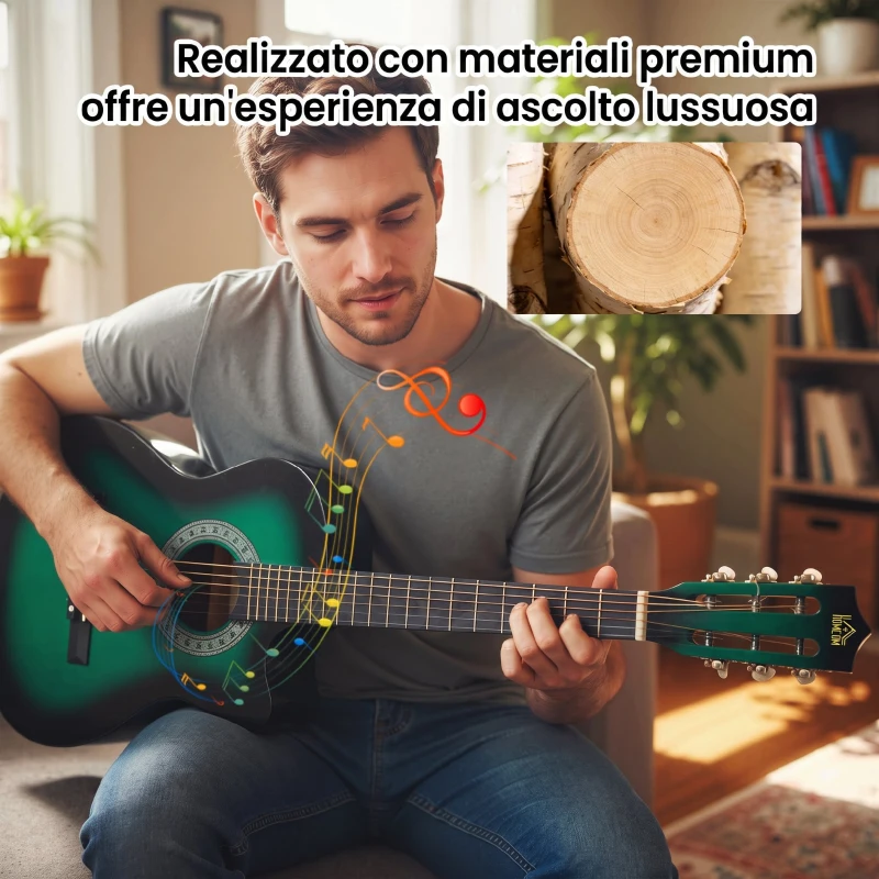 HOMCOM Chitarra Elettrica 38 Pollici, per Principianti Junior e Adulti con Finitura Lucida, Custodia, Tracolla, Plettri e Corde di Ricambio, Verde Scuro